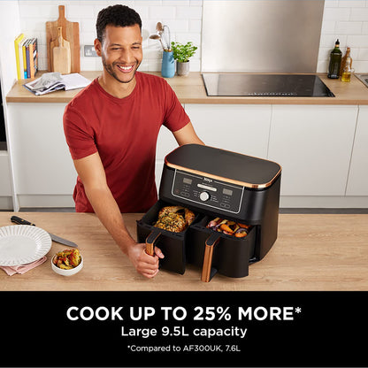 Ninja Foodi MAX Dual Zone Air Fryer, Amazon Exclusive, Tongs, 2 Drawers, 9.5L, 6-in-1, Use No Oil, Air Fry, Max Crisp, Roast, Bake, 8 Portions, Nonstick Dishwasher Safe Baskets, Copper/Black AF400UKCP