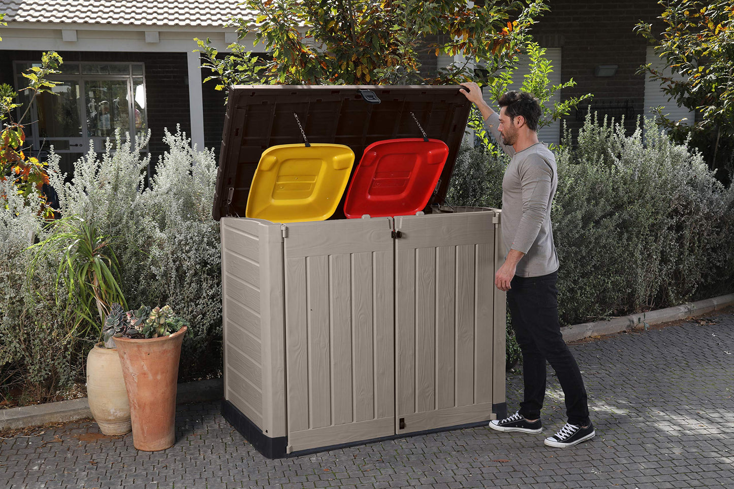 Keter Store It Out Pro Outdoor Garden Furniture Storage Shed Beige with Brown Lid Fade Free All Weather Resistant Safe and Secure Zero Maintenance 5 year Warranty